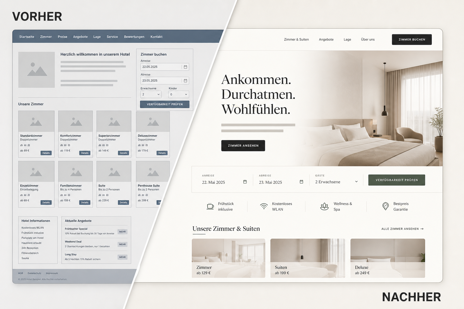 Vorher-Nachher-Vergleich einer fiktiven Hotelwebsite: links unübersichtlich, rechts klar strukturiert.