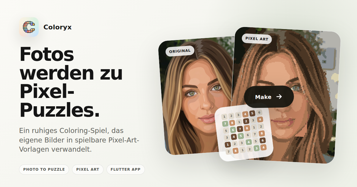 Coloryx Produktbild mit Foto-zu-Pixel-Puzzle-Vergleich und nummerierter Coloring-Vorlage
