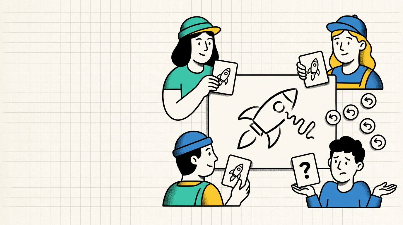 Drawpostor.gg Produktillustration mit Spielergruppe, Zeichnungen und Bluff-Mechanik
