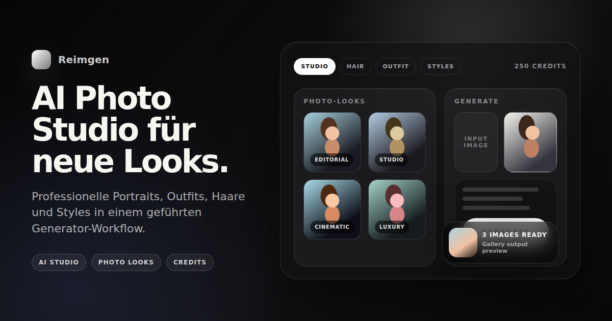 Reimgen Produktbild mit dunklem AI Photo Studio Interface, Photo-Looks und Generator-Modulen
