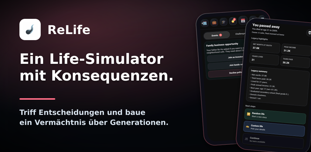 ReLife Life Simulator Produktbild mit App-Screens und Claim zu Entscheidungen und Konsequenzen
